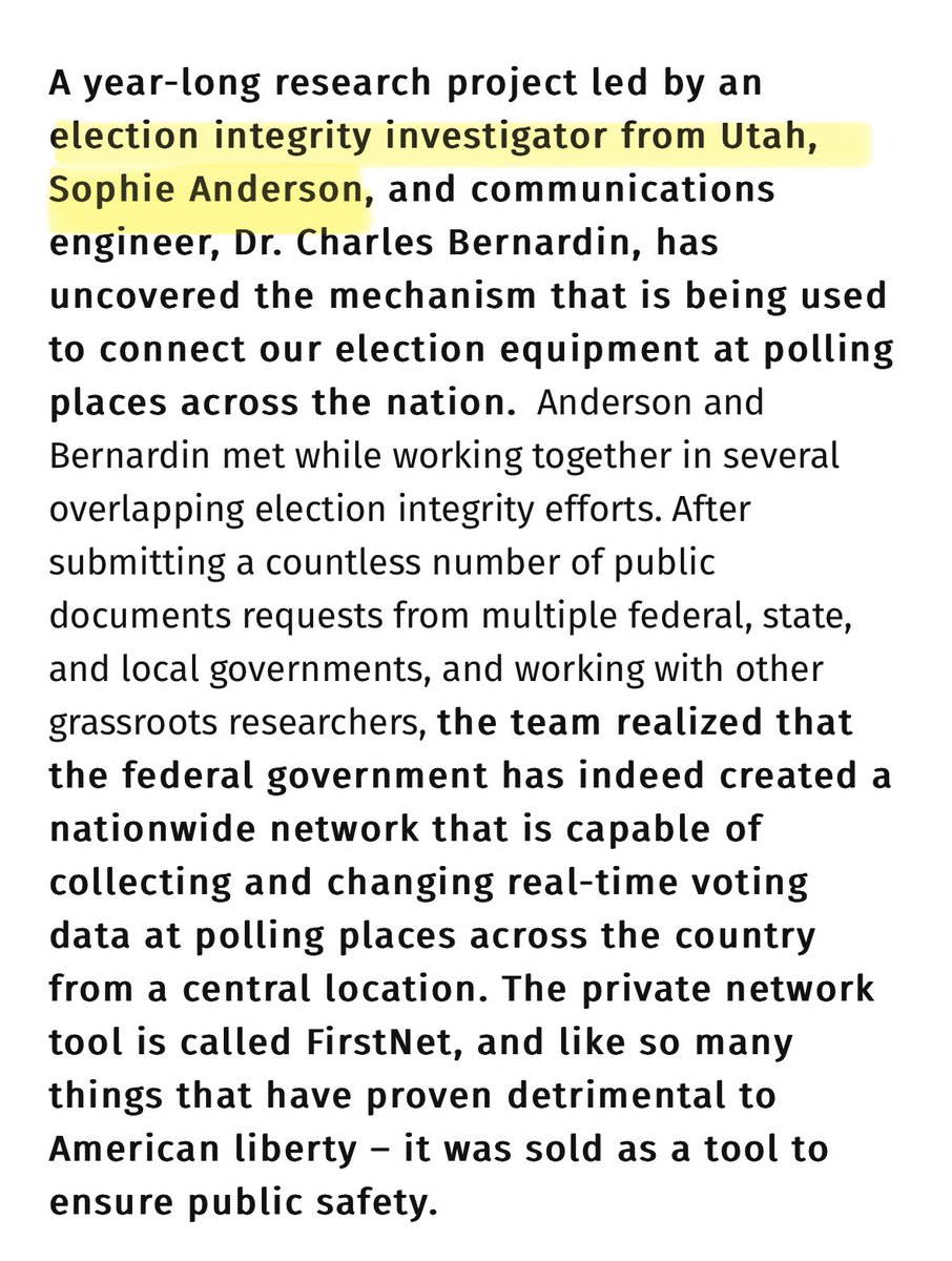 SophieAnde49073's tweet image. In August of 2023, Joe Hoft and @gatewaypundit published my 2 1/2 years research project on how our elections are manipulated/stolen from a centralized wireless network posing as a First Responder’s Network called FirstNet. @realDonaldTrump reTruthed it.
joehoft.com/bombshell-excl…