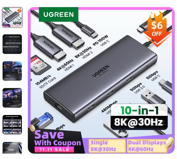 shopping_soma's tweet image. Buy - s.click.aliexpress.com/e/_DkRv9bJ
"UGREEN 10-in-1 USB C Hub, Dual HDMI, 8K Adapter, PD 100W" - 75% off
#USBCHub
#DualHDMI
#8KAdapter
#MacBookPro
#USB3Hub
#PD100W
#RJ45Adapter
#MacBookAirM1M2
#LaptopDockingStation