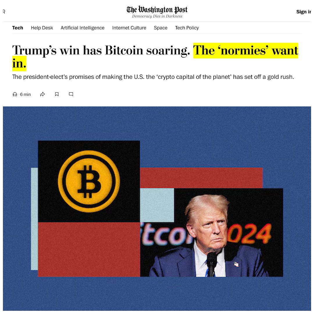 JUST IN: 🇺🇸Washington Post says "Trump’s win has #Bitcoin soaring. The ‘normies’ want in."

They're coming... 🌊🌊🌊