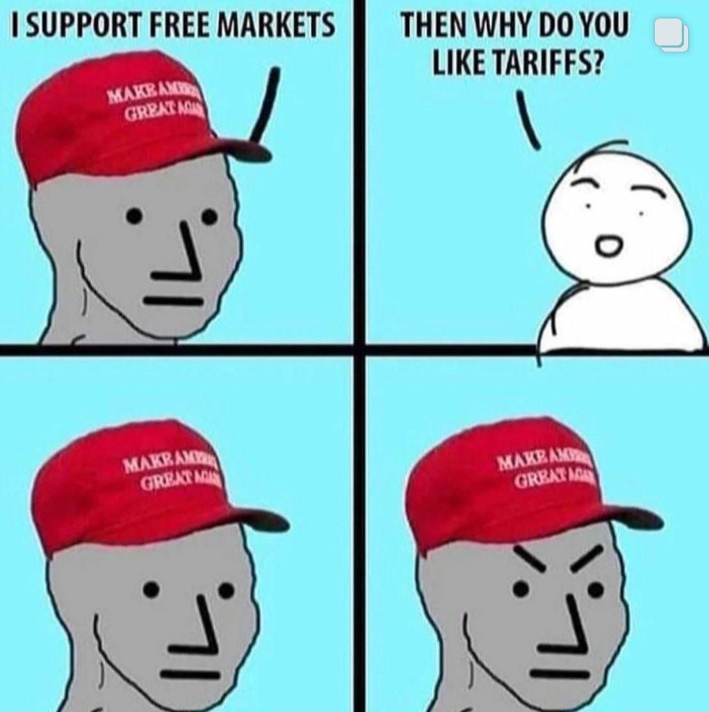 SallyMayweather's tweet photo. Tariffs are a tax on consumers and we are ALL consumers. 

Why sacrifice our standard of living to save small, uncompetitive &amp; inefficient industries? Let the market weed them out! https://t.co/FP8J5DKpp4