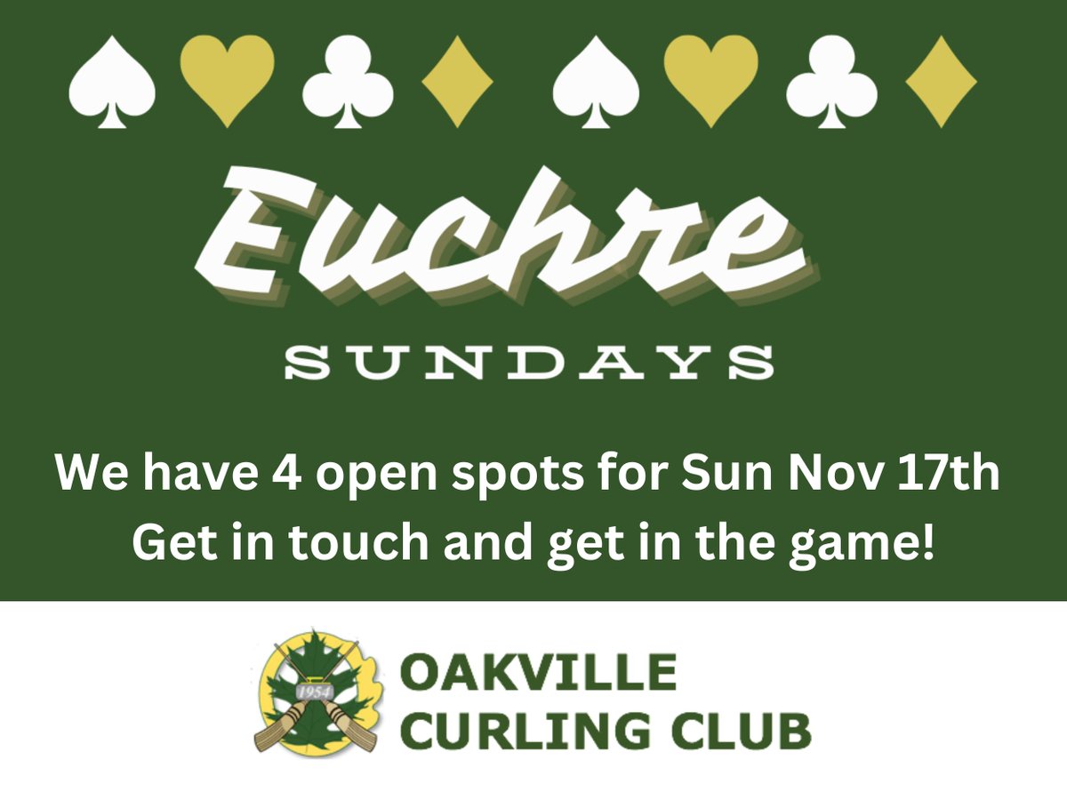 Oakville Curling Club (@oakvillecurling) on Twitter photo Four spots just opened up for tomorrow's Euchre Game at the club. If you or your friends want to get in on the action, give Cynthia a shout: quigleycynthia@gmail.com. All euchre players should be at the club by 4:15pm. Games are 4:30pm to 7pm with buffet dinner after. Four spots just opened up for tomorrow's Euchre Game at the club. If you or your friends want to get in on the action, give Cynthia a shout: quigleycynthia@gmail.com. All euchre players should be at the club by 4:15pm. Games are 4:30pm to 7pm with buffet dinner after.