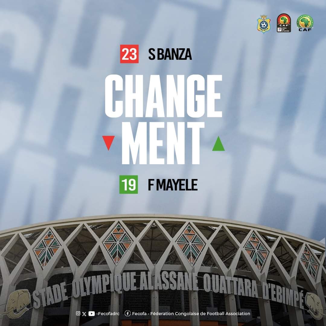 FecofaRdc's tweet photo. | 𝗘́𝗹𝗶𝗺𝗶𝗻𝗮𝘁𝗼𝗶𝗿𝗲𝘀 𝗖𝗔𝗡 𝟮𝟬𝟮𝟱 🇬🇳⚔��🇨🇩 |

⏱️75' au Stade Alassane Ouattara :

Encore un double changements pour les Léopards/ Balikwisha pour Sadiki et Mayele pour Banza. 

🏁 Guinée 🇬🇳 0 - 0 🇨🇩 RD Congo

#AllezylesLéopards 🐆 #GUIRDC #CAN2025 https://t.co/FL1H0mJE5r