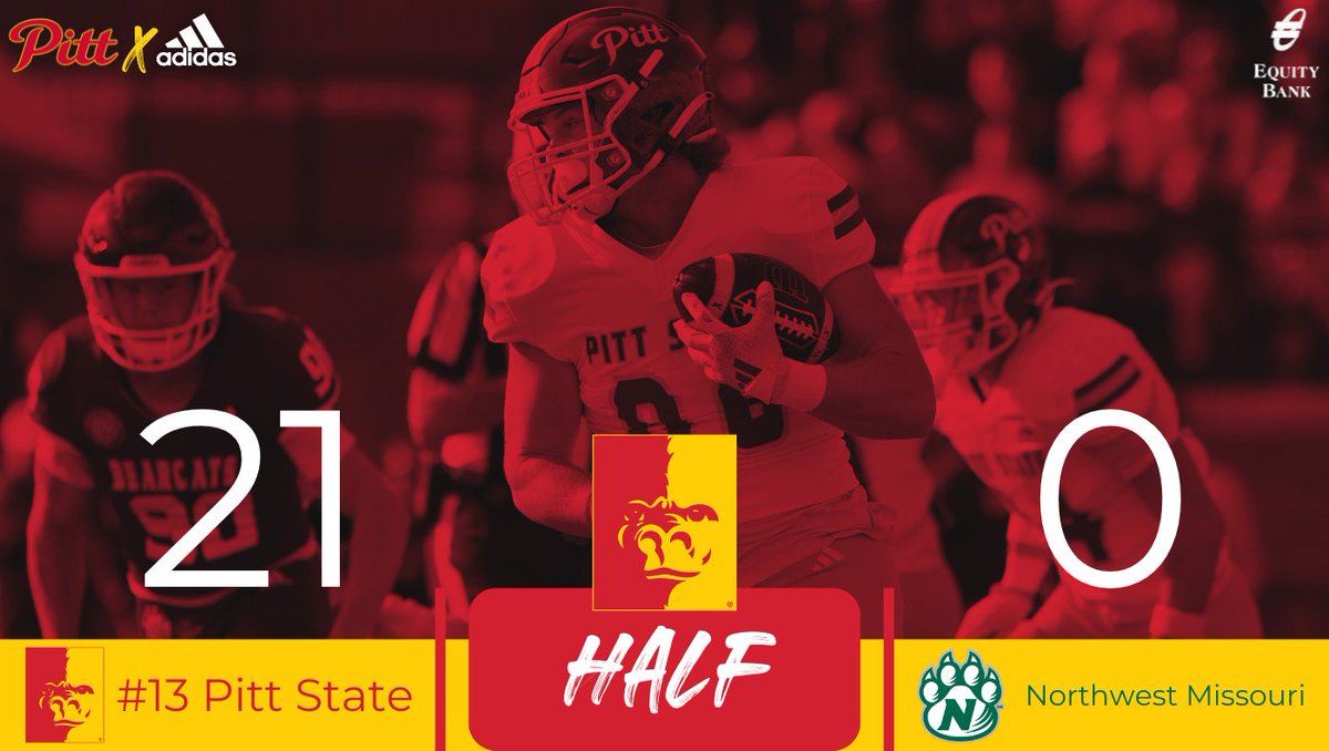 Pitt State Athletics 🦍 (@pittstgorillas) on Twitter photo HALFTIME.
#13 Pitt State leads Northwest Missouri State 21-0 in Maryville 🦍🏈
Luke Niggemann has THREE touchdowns for the Gorillas.
<a href="/GorillasFB/">Pitt State Football</a>|<a href="/pittstate/">Pittsburg State</a> HALFTIME.
#13 Pitt State leads Northwest Missouri State 21-0 in Maryville 🦍🏈
Luke Niggemann has THREE touchdowns for the Gorillas.
<a href="/GorillasFB/">Pitt State Football</a>|<a href="/pittstate/">Pittsburg State</a>