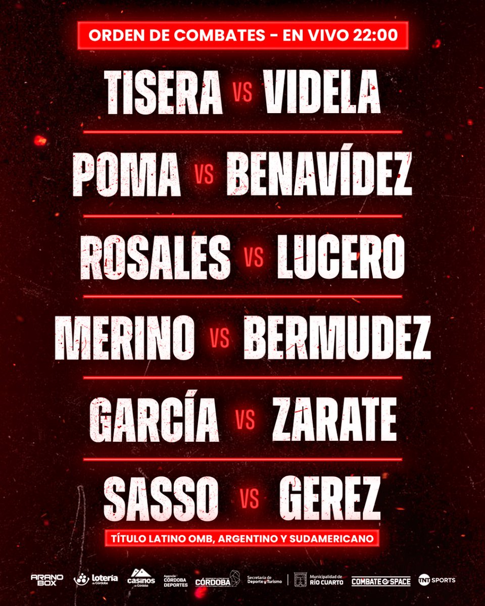 aranoboxok's tweet photo. 🔥 Orden de combates para esta noche en el Club Central Argentino
🕘 Desde las 22:00 en vivo por @TNTSportsAR y Combate Space
#Boxeo #Boxing #AranoBox #FAB #Córdoba #CombateSpace #TNTSports #FAB #RioCuarto https://t.co/tzqn9G6gxu