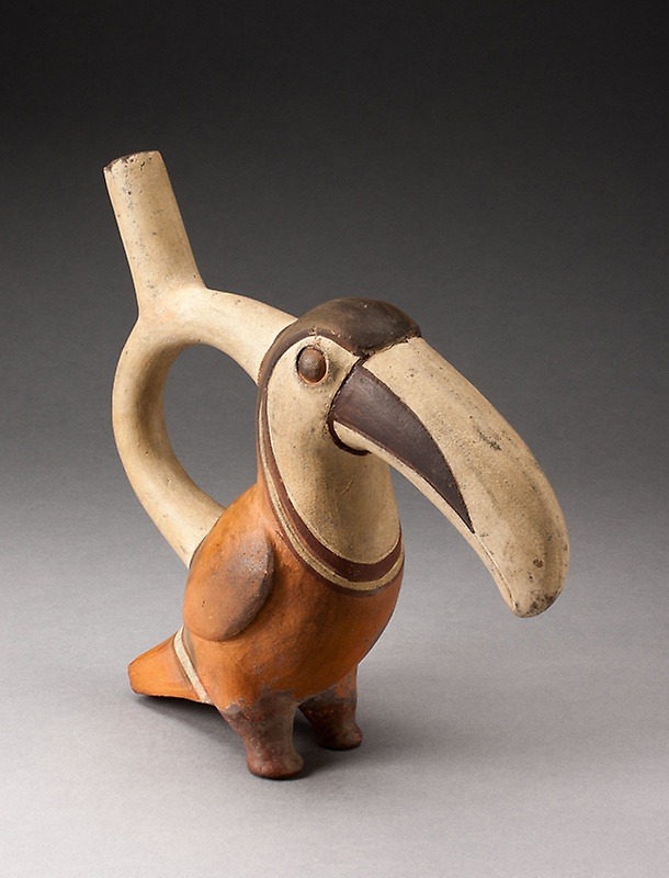 Handle Spout Vessel in the Form of a Toucan, dated between 100 BC and AD 500, Moche Culture.