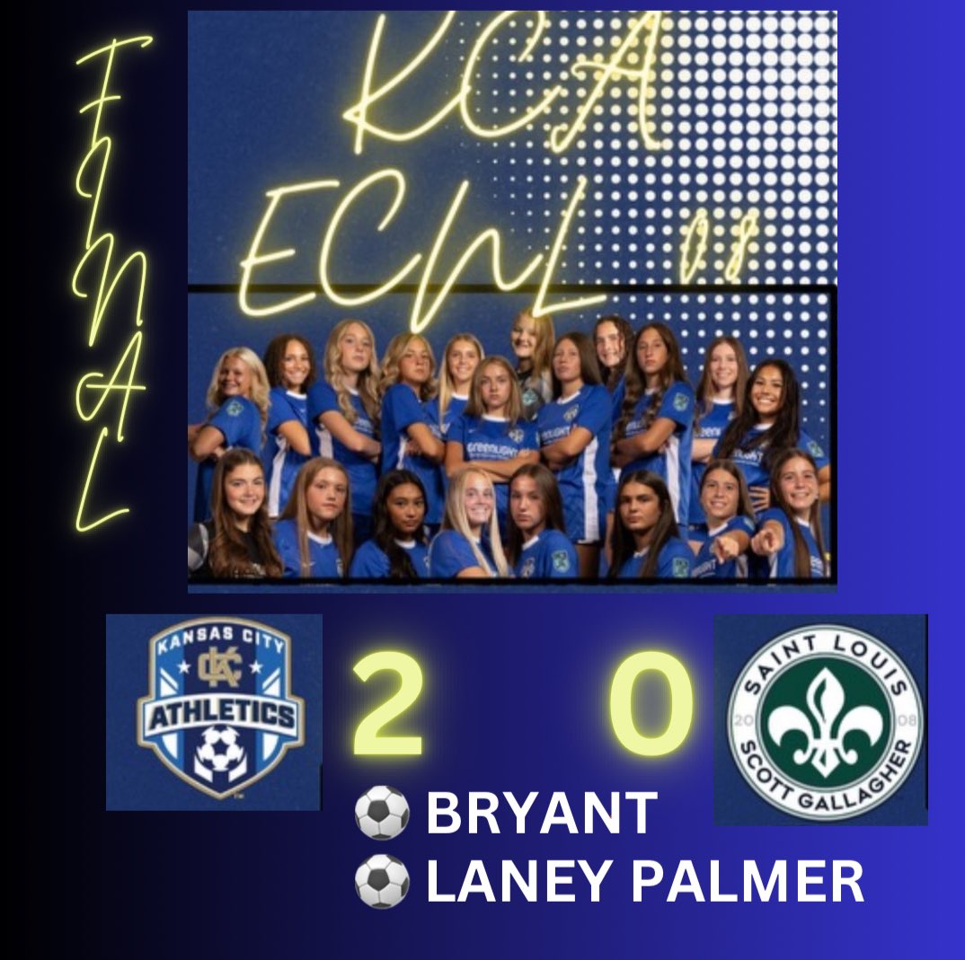 KC Athletics Academy Elite 08 ECNL (@kcacelite08ecnl) on Twitter photo BIG win today‼️Way to go KCA‼️ Let’s keep it going!!
⚽️<a href="/aubrey_B10/">Aubrey Bryant 2027</a>
🅰️<a href="/laneyapalmer17/">Laney Palmer</a>
⚽️<a href="/laneyapalmer17/">Laney Palmer</a>
🅰️<a href="/FrannieHess11/">Frannie Hess</a>
🧤<a href="/IzTilgner/">Isabella Tilgner 2027 GK</a> (clean sheet)
<a href="/MarcusKelcher/">Marcus Kelcher</a> <a href="/AthleticsKCECNL/">KC Athletics ECNL</a> <a href="/TopDrawerSoccer/">TopDrawerSoccer</a> <a href="/PrepSoccer/">Prep Soccer ⚽️</a> <a href="/HSSoccerKC/">SoccerKC</a> <a href="/TheSoccerWire/">SoccerWire</a> <a href="/ImCollegeSoccer/">College Soccer Truth ™</a> BIG win today‼️Way to go KCA‼️ Let’s keep it going!!
⚽️<a href="/aubrey_B10/">Aubrey Bryant 2027</a>
🅰️<a href="/laneyapalmer17/">Laney Palmer</a>
⚽️<a href="/laneyapalmer17/">Laney Palmer</a>
🅰️<a href="/FrannieHess11/">Frannie Hess</a>
🧤<a href="/IzTilgner/">Isabella Tilgner 2027 GK</a> (clean sheet)
<a href="/MarcusKelcher/">Marcus Kelcher</a> <a href="/AthleticsKCECNL/">KC Athletics ECNL</a> <a href="/TopDrawerSoccer/">TopDrawerSoccer</a> <a href="/PrepSoccer/">Prep Soccer ⚽️</a> <a href="/HSSoccerKC/">SoccerKC</a> <a href="/TheSoccerWire/">SoccerWire</a> <a href="/ImCollegeSoccer/">College Soccer Truth ™</a>