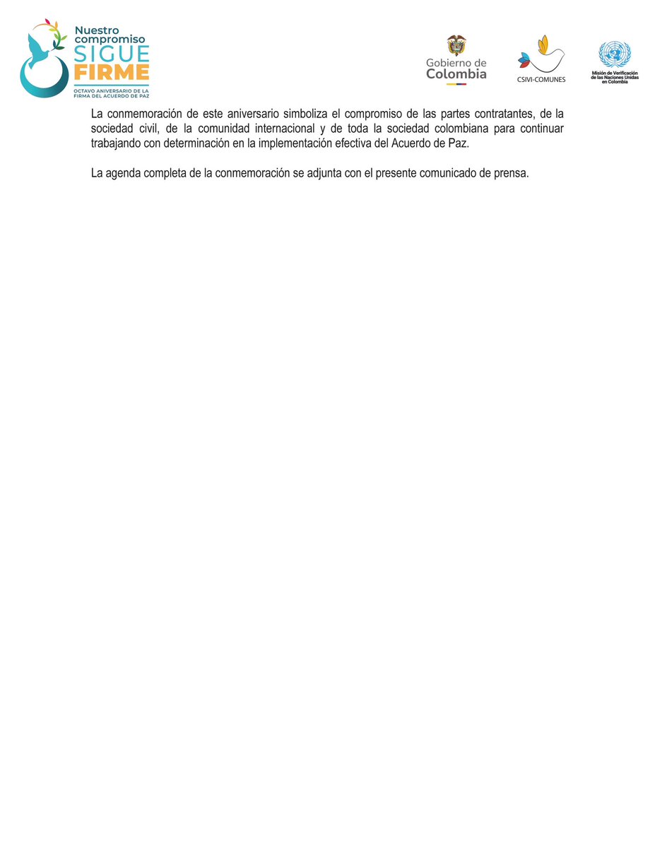 MisionONUCol's tweet image. 🔵 #Comunicado | El Gobierno Nacional, @CsiviComunes y la @MisionONUCol, invitan a la ciudadanía a conmemorar el Octavo Aniversario del Acuerdo de Paz, reafirmando su compromiso con la paz de Colombia. 👉 bit.ly/3YKvbmo #FirmesConElAcuerdo 🕊️🇨🇴🇺🇳