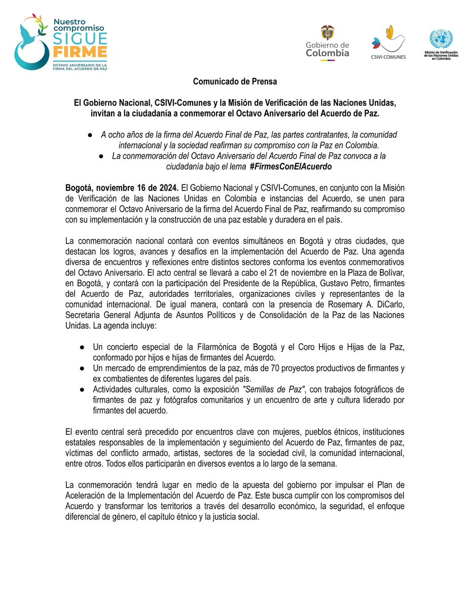 MisionONUCol's tweet image. 🔵 #Comunicado | El Gobierno Nacional, @CsiviComunes y la @MisionONUCol, invitan a la ciudadanía a conmemorar el Octavo Aniversario del Acuerdo de Paz, reafirmando su compromiso con la paz de Colombia. 👉 bit.ly/3YKvbmo #FirmesConElAcuerdo 🕊️🇨🇴🇺🇳