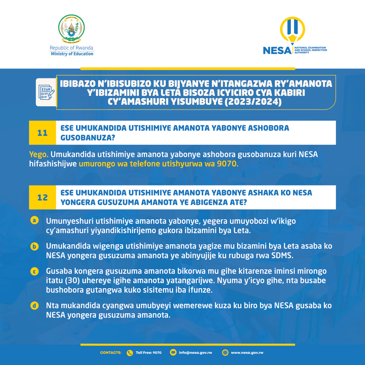NESA Rwanda (@nesa_rwanda) on Twitter photo <a href="/Rwanda_Edu/">Ministry of Education | Rwanda</a> <a href="/RTB_Rwanda/">Rwanda TVET Board</a> <a href="/REBRwanda/">Rwanda Basic Education Board</a> IBIBAZO N’IBISUBIZO KU BIJYANYE N’ITANGAZWA RY’AMANOTA Y’IBIZAMINI BYA LETA BISOZA ICYICIRO CYA KABIRI CY’AMASHURI YISUMBUYE (2023/2024) (2) <a href="/Rwanda_Edu/">Ministry of Education | Rwanda</a> <a href="/RTB_Rwanda/">Rwanda TVET Board</a> <a href="/REBRwanda/">Rwanda Basic Education Board</a> IBIBAZO N’IBISUBIZO KU BIJYANYE N’ITANGAZWA RY’AMANOTA Y’IBIZAMINI BYA LETA BISOZA ICYICIRO CYA KABIRI CY’AMASHURI YISUMBUYE (2023/2024) (2)