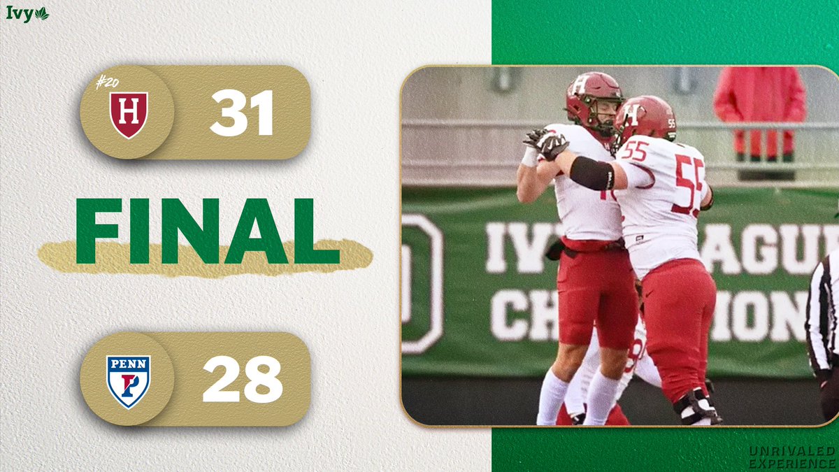 Ivy League (@ivyleague) on Twitter photo CRIMSON NEVER QUIT.
<a href="/HarvardFootball/">Harvard Football</a> didn’t lead until Dylan Fingersh’s decisive 21-yard field goal as time expired to give the Crimson the 31-28 win over Penn. Charles DePrima threw for 169 yards and rushed for 122 yards. Cooper Barkate had 11 catches for 129 yards.🌿🏈 CRIMSON NEVER QUIT.
<a href="/HarvardFootball/">Harvard Football</a> didn’t lead until Dylan Fingersh’s decisive 21-yard field goal as time expired to give the Crimson the 31-28 win over Penn. Charles DePrima threw for 169 yards and rushed for 122 yards. Cooper Barkate had 11 catches for 129 yards.🌿🏈