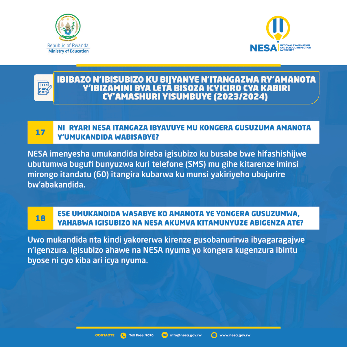 NESA Rwanda (@nesa_rwanda) on Twitter photo <a href="/Rwanda_Edu/">Ministry of Education | Rwanda</a> <a href="/RTB_Rwanda/">Rwanda TVET Board</a> <a href="/REBRwanda/">Rwanda Basic Education Board</a> IBIBAZO N’IBISUBIZO KU BIJYANYE N’ITANGAZWA RY’AMANOTA Y’IBIZAMINI BYA LETA BISOZA ICYICIRO CYA KABIRI CY’AMASHURI YISUMBUYE (2023/2024)
(3) <a href="/Rwanda_Edu/">Ministry of Education | Rwanda</a> <a href="/RTB_Rwanda/">Rwanda TVET Board</a> <a href="/REBRwanda/">Rwanda Basic Education Board</a> IBIBAZO N’IBISUBIZO KU BIJYANYE N’ITANGAZWA RY’AMANOTA Y’IBIZAMINI BYA LETA BISOZA ICYICIRO CYA KABIRI CY’AMASHURI YISUMBUYE (2023/2024)
(3)