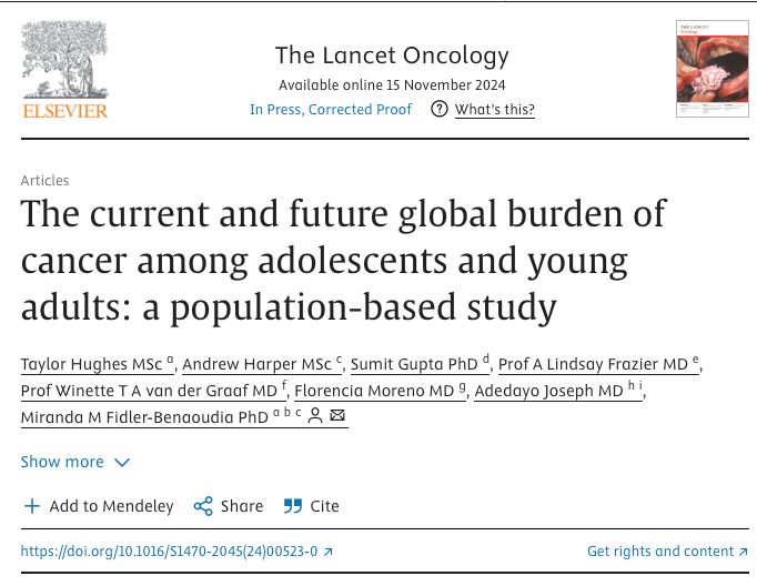 The current and future global burden of cancer among adolescents and young adults: a population-based study Out on Lancet Oncology

This study quantifies the global burden of cancer among adolescents and young adults (ages 15–39) in 2022 and projects trends through 2050. Using