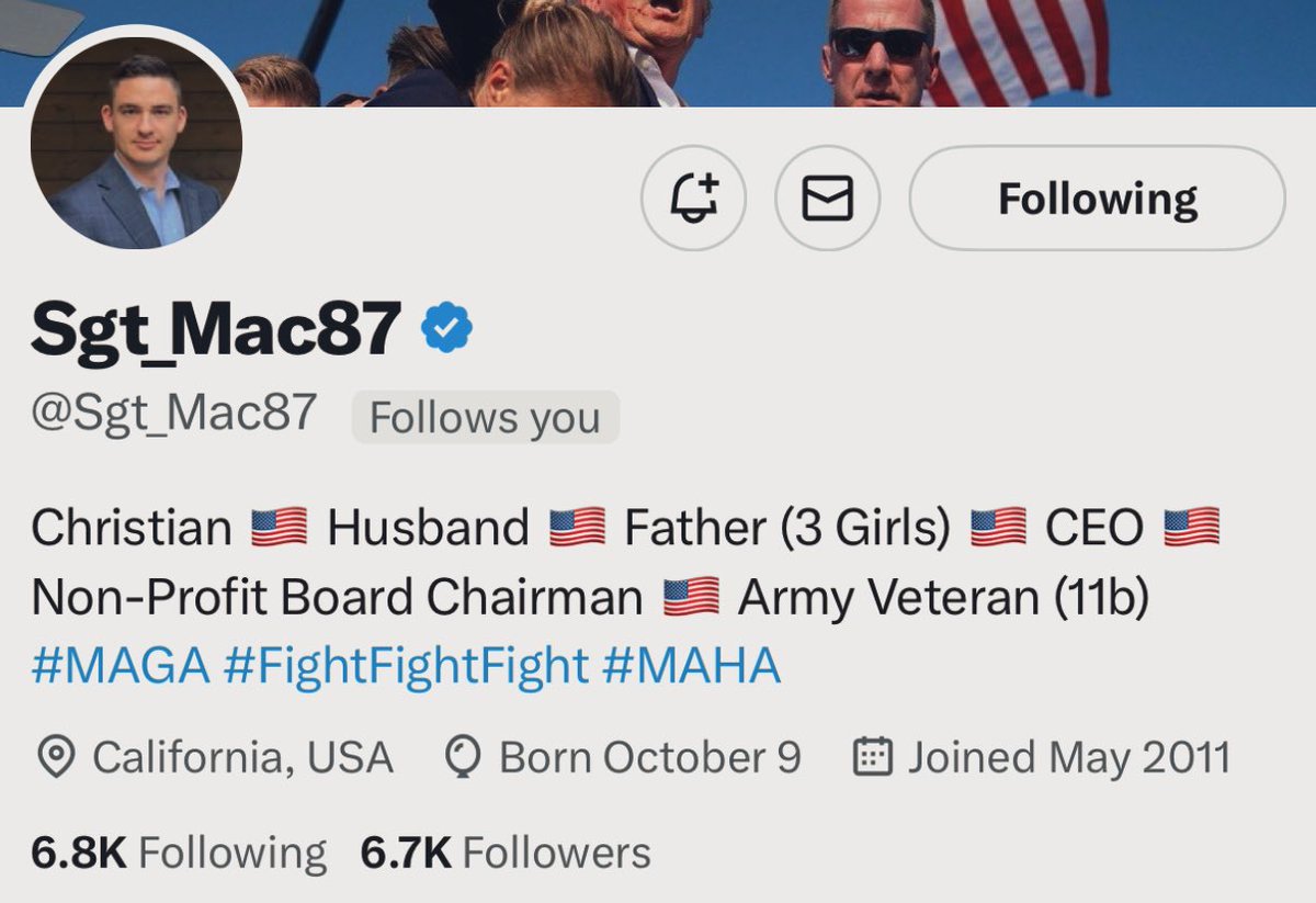 PinoAmericano's tweet photo. Sgt Mac is a veteran, he’s MAGA, and he follows back. This one is so long overdue- Sgt Mac has followed every account that I’ve highlighted for weeks. 

@Sgt_Mac87 

Thank you 🇺🇸🇺🇸🇺🇸 https://t.co/vUPumzC9p0