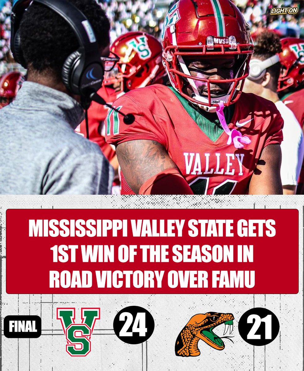 LIGHT ON COLLEGE SPORTS (@lightonsports) on Twitter photo Mississippi Valley State gets its 1ST WIN of the season in a 24-21 road victory over FAMU. ๐ด๐ข
The Rattlers 23-game home winning streak comes to an end.
<a href="/ValleyStateFB/">Mississippi Valley State University Football ๐ข๐ด</a> Mississippi Valley State gets its 1ST WIN of the season in a 24-21 road victory over FAMU. ๐ด๐ข
The Rattlers 23-game home winning streak comes to an end.
<a href="/ValleyStateFB/">Mississippi Valley State University Football ๐ข๐ด</a>