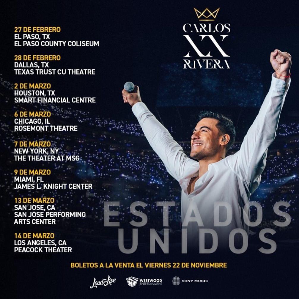 Online_RiveraP's tweet image. Nueva gira en USA 🇺🇸 de @#carlosriveraxx para 2025

Los boletos estarán disponibles a partir del 22 de noviembre.

@_CarlosRivera 

@WestWoodEntt @sonymusicmexico 
@LQCLRiveristas