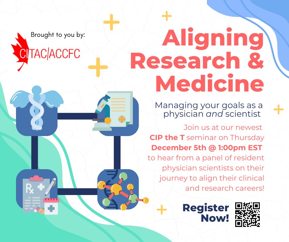 CITAC (@citac_accfc) on Twitter photo 📢 Join our #CIPtheT seminar: "Aligning Research & Medicine" 🩺🔬
📅 Dec 5, 2024 | 🕐 1 PM EST
Hear from resident physician scientists on balancing clinical & research careers.
🔗 Register: forms.gle/zXY2axbKL1QMZ7…
📩 Questions? Email us at student.affairs@citac-accfc.org. 📢 Join our #CIPtheT seminar: "Aligning Research & Medicine" 🩺🔬
📅 Dec 5, 2024 | 🕐 1 PM EST
Hear from resident physician scientists on balancing clinical & research careers.
🔗 Register: forms.gle/zXY2axbKL1QMZ7…
📩 Questions? Email us at student.affairs@citac-accfc.org.