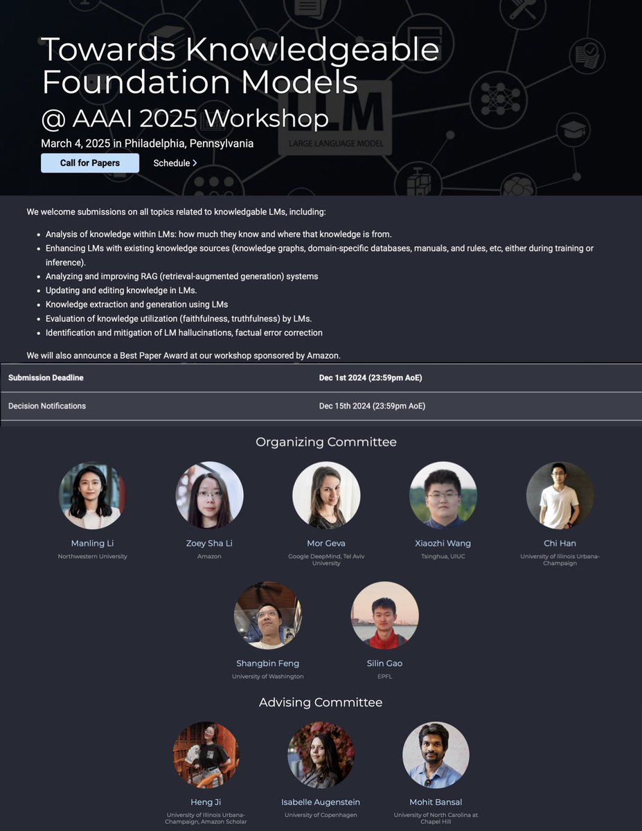 Manling Li (@manlingli_) on Twitter photo 📢Our 2nd Knowledgeable Foundation Model workshop will be at AAAI 25!
Submission Deadline: Dec 1st
Thanks to the wonderful organizer team <a href="/ZoeyLi20/">Zoey Sha Li</a> <a href="/megamor2/">Mor Geva</a> <a href="/Glaciohound/">Chi Han</a> <a href="/XiaozhiWangNLP/">Xiaozhi Wang</a> <a href="/shangbinfeng/">Shangbin Feng</a> @silingao and advising committee <a href="/hengjinlp/">Heng Ji</a> <a href="/IAugenstein/">Isabelle Augenstein</a> <a href="/mohitban47/">Mohit Bansal</a> ! 📢Our 2nd Knowledgeable Foundation Model workshop will be at AAAI 25!
Submission Deadline: Dec 1st
Thanks to the wonderful organizer team <a href="/ZoeyLi20/">Zoey Sha Li</a> <a href="/megamor2/">Mor Geva</a> <a href="/Glaciohound/">Chi Han</a> <a href="/XiaozhiWangNLP/">Xiaozhi Wang</a> <a href="/shangbinfeng/">Shangbin Feng</a> @silingao and advising committee <a href="/hengjinlp/">Heng Ji</a> <a href="/IAugenstein/">Isabelle Augenstein</a> <a href="/mohitban47/">Mohit Bansal</a> !