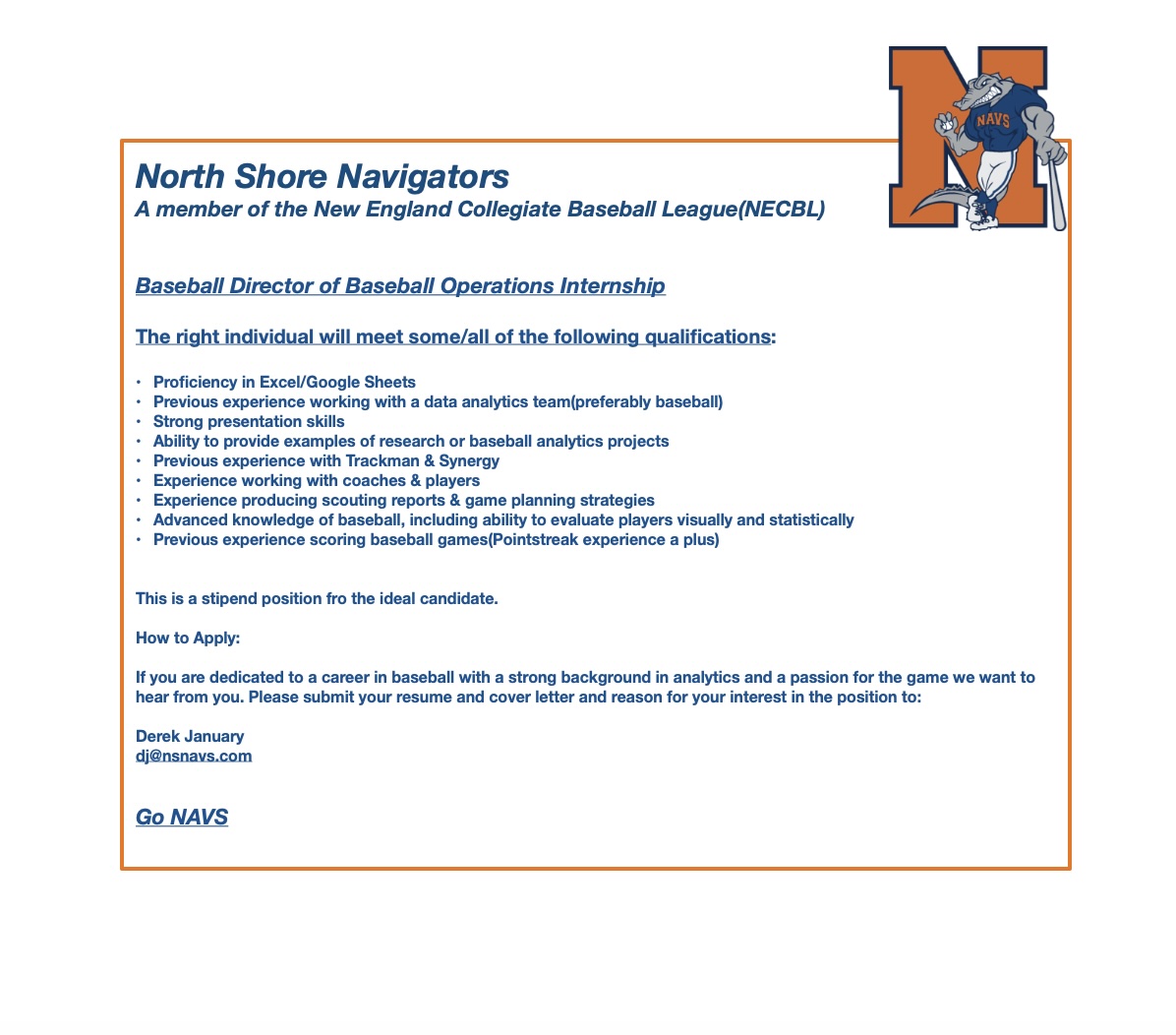 DJ (@derekjanuary22) on Twitter photo Great opportunity to get a jump start on your future in the world of baseball.
<a href="/NSNavigators/">North Shore Navigators</a>
<a href="/NavigatorsData/">North Shore Navigators Data Analytics</a>
<a href="/TheNECBL/">The New England League</a>
<a href="/NCAABaseball/">NCAA Baseball</a>
<a href="/TrackManBB/">Trackman Baseball</a>
<a href="/SynergyBaseball/">Synergy Baseball</a> Great opportunity to get a jump start on your future in the world of baseball.
<a href="/NSNavigators/">North Shore Navigators</a>
<a href="/NavigatorsData/">North Shore Navigators Data Analytics</a>
<a href="/TheNECBL/">The New England League</a>
<a href="/NCAABaseball/">NCAA Baseball</a>
<a href="/TrackManBB/">Trackman Baseball</a>
<a href="/SynergyBaseball/">Synergy Baseball</a>