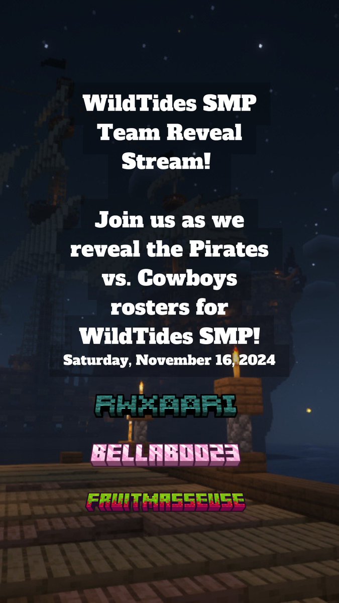 We are live! Come watch as myself, <a href="/RWxAari/">Aari</a> , and <a href="/fruitmasseuse/">FRUITMASSEUSE🍋🥭</a>  the wheel to reveal the teams for the Minecraft SMP! As well as some... building... things... :3 twitch.tv/bellaboo23