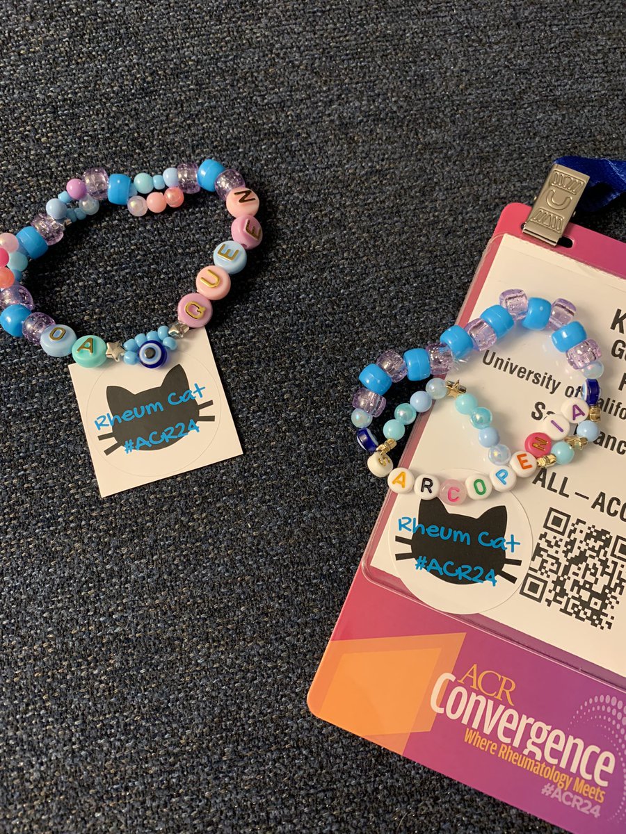 Got some special #ACR swag from the amazing <a href="/rheum_cat/">Rheum Cat</a> 💗
“Sarcopenia” bracelet for me, and a fitting “OA Queen” to pass on to the talented <a href="/KelseyHCollins/">Kelsey Collins</a>