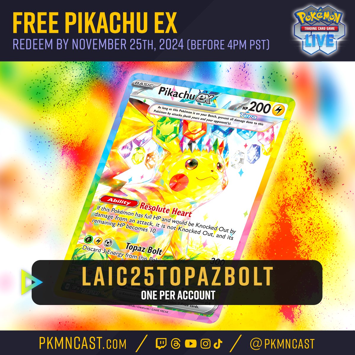 pkmncast's tweet photo. Get your $600 card for freeeeeeee! 

🎁 LAIC25TOPAZBOLT

In PTCGL... https://t.co/mp0M8qwVJC