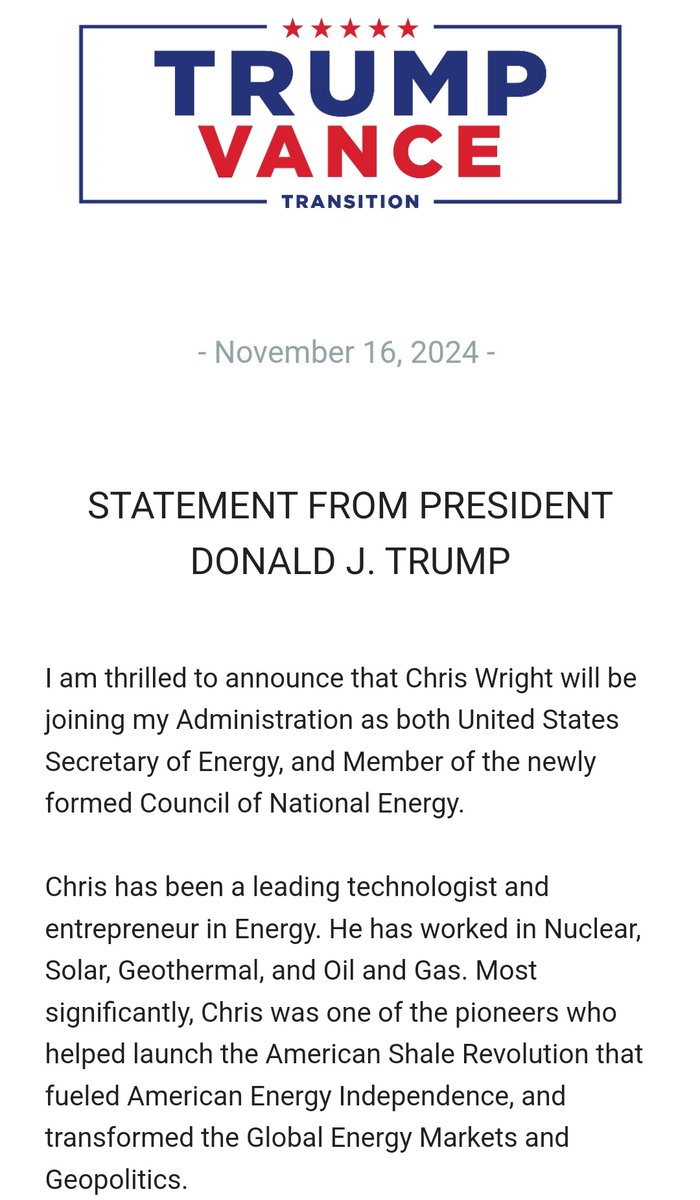 jeffhunt's tweet photo. Colorado's own Chris Wright to be Trump's Secretary of Energy! Fantastic choice! Cogratulations Chris and Liz!!! https://t.co/Yq7NPmpOsv