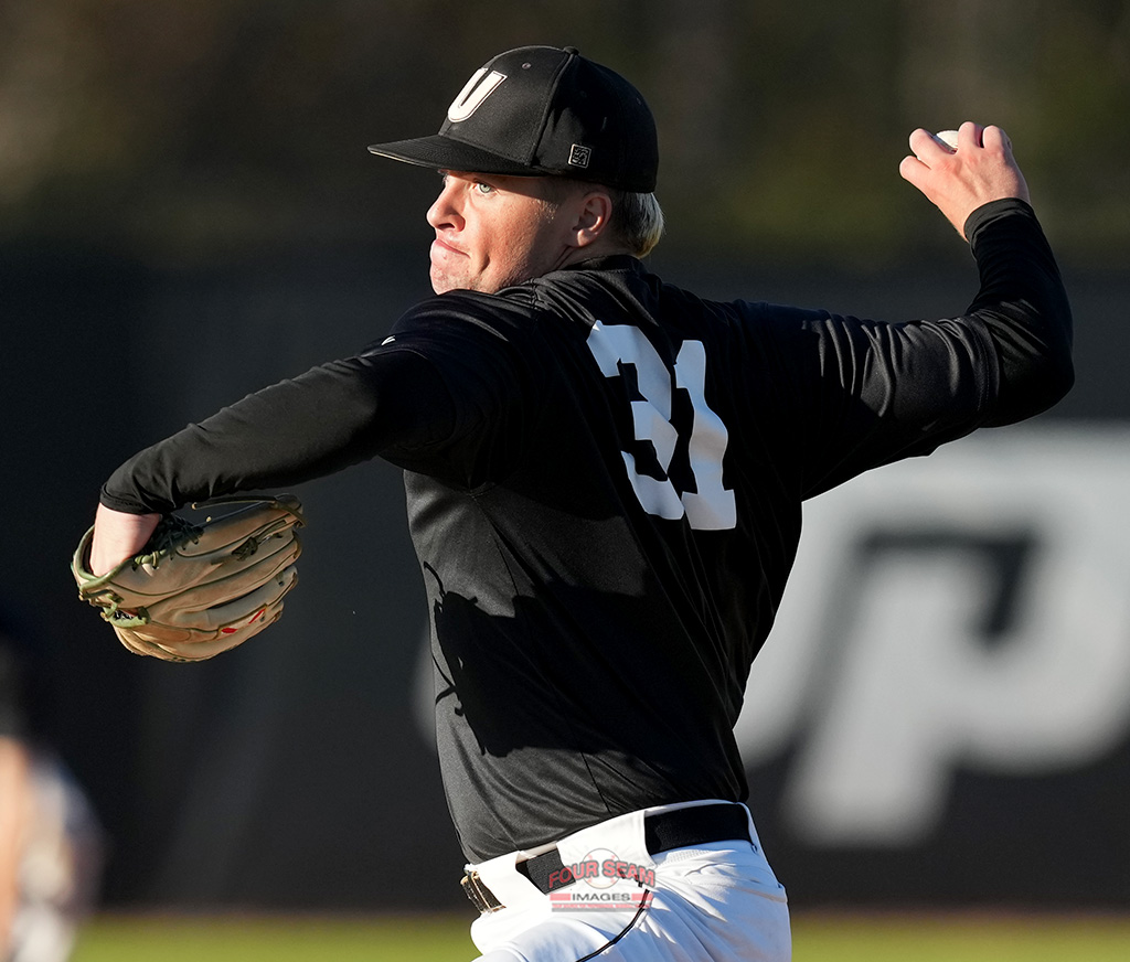 Pitcher Cooper Ellingworth (31) of the USC Upstate Spartans Black Team delivers a pitch in Game 3 of the intrasquad Fall World Series on Friday, November 15, 2024, at Cleveland S. Harley Park in Spartanburg, South Carolina. (Tom Priddy/Four Seam Images)