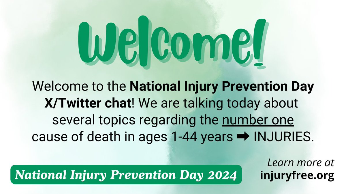 Injury Free Coalition for Kids (@injuryfreekids) on Twitter photo Welcome to the National Injury Prevention Day X/Twitter chat! We are talking today about several topics regarding the number one cause of death in ages 1-44 years → injuries. #BeInjuryFree Welcome to the National Injury Prevention Day X/Twitter chat! We are talking today about several topics regarding the number one cause of death in ages 1-44 years → injuries. #BeInjuryFree