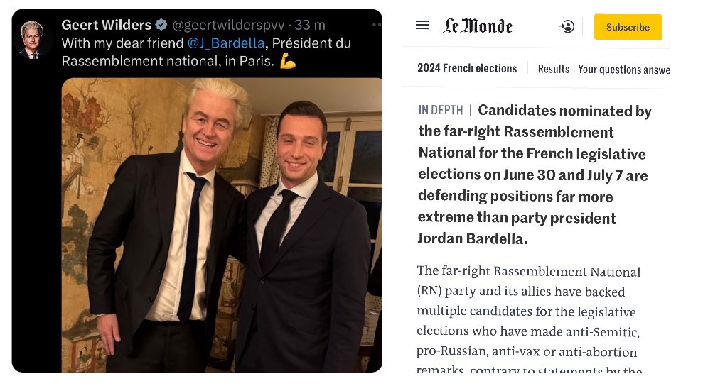 Beach_Roy33's tweet photo. Dus eerst loopt Geert Wilders 24/7 te janken over antisemitisme en nu staat hij naast Jordan Bardella van het antisemitische Rassemblement National? 

Wie denkt die hypocriete gelegenheidsantisemiet eigenlijk voor de gek te houden? Trappen mensen hier echt in joh? https://t.co/Hur69d8Wun