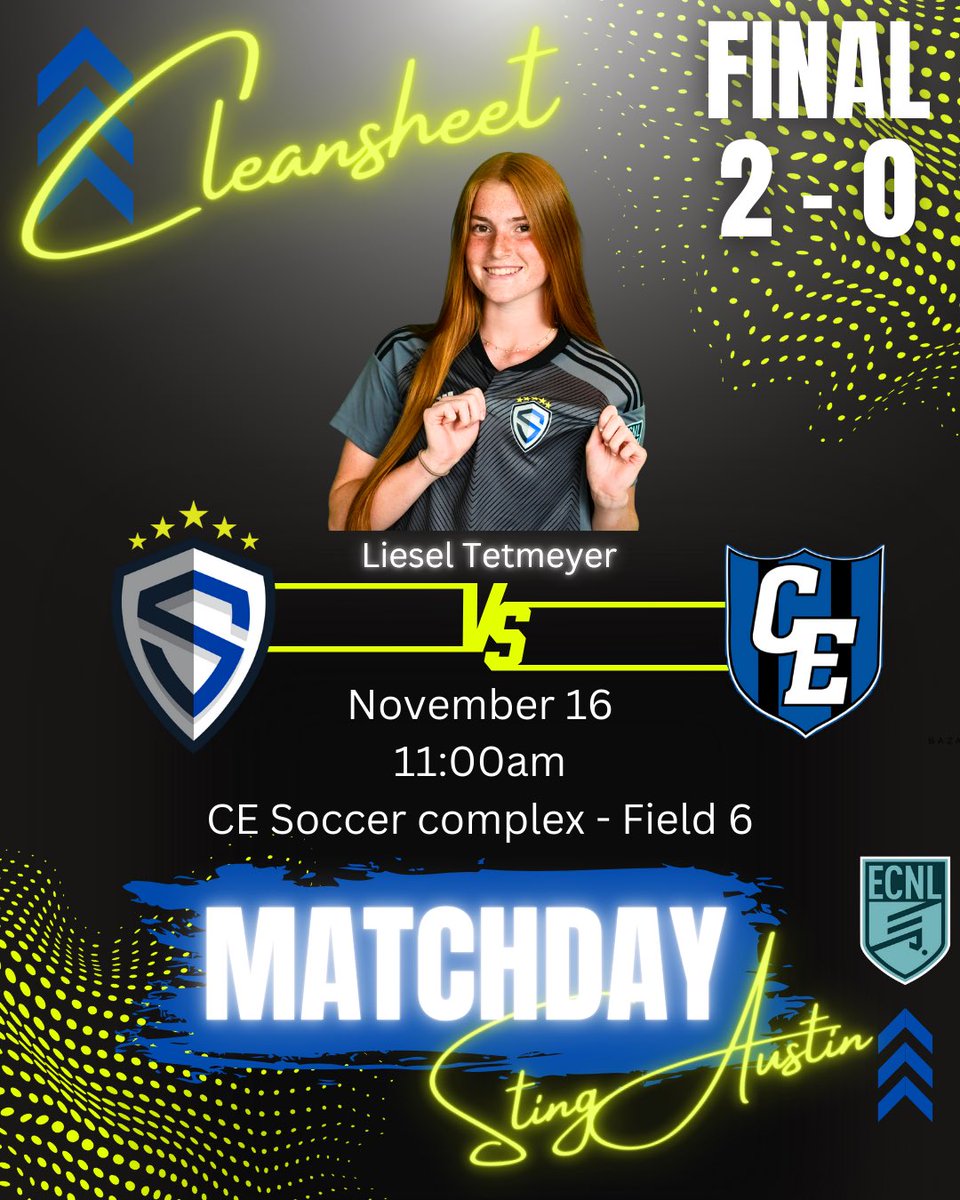 Final vs CE
2-0
🚨SHUTOUT🚨
⚽️Zea Gonzalez
⚽️Mia Wiele
🅰️Vienna Tran
🅰️Janina Maldei-Stumm 
🧤Liesel Tetmeyer (clean sheet)
#stingaustinecnl #braveboldone #leadersplayhere #ecnlgirls #stingatx08ecnl <a href="/ImYouthSoccer/">ECNL/GA/Recruiting/College Soccer</a> <a href="/ImCollegeSoccer/">College Soccer Truth ™</a> <a href="/sting_austin/">Sting Austin</a>