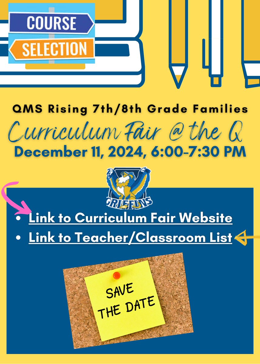 The course recommendation and selection process for the 2025-2026 school year is coming soon.  Mark your calendars for our annual Curriculum Fair @ the Q! <a href="/QMSGriffins/">Quioccasin Middle School</a> <a href="/QMSPTSO/">Quioccasin Middle School PTSO</a> 
bit.ly/QMSCourseSelec…