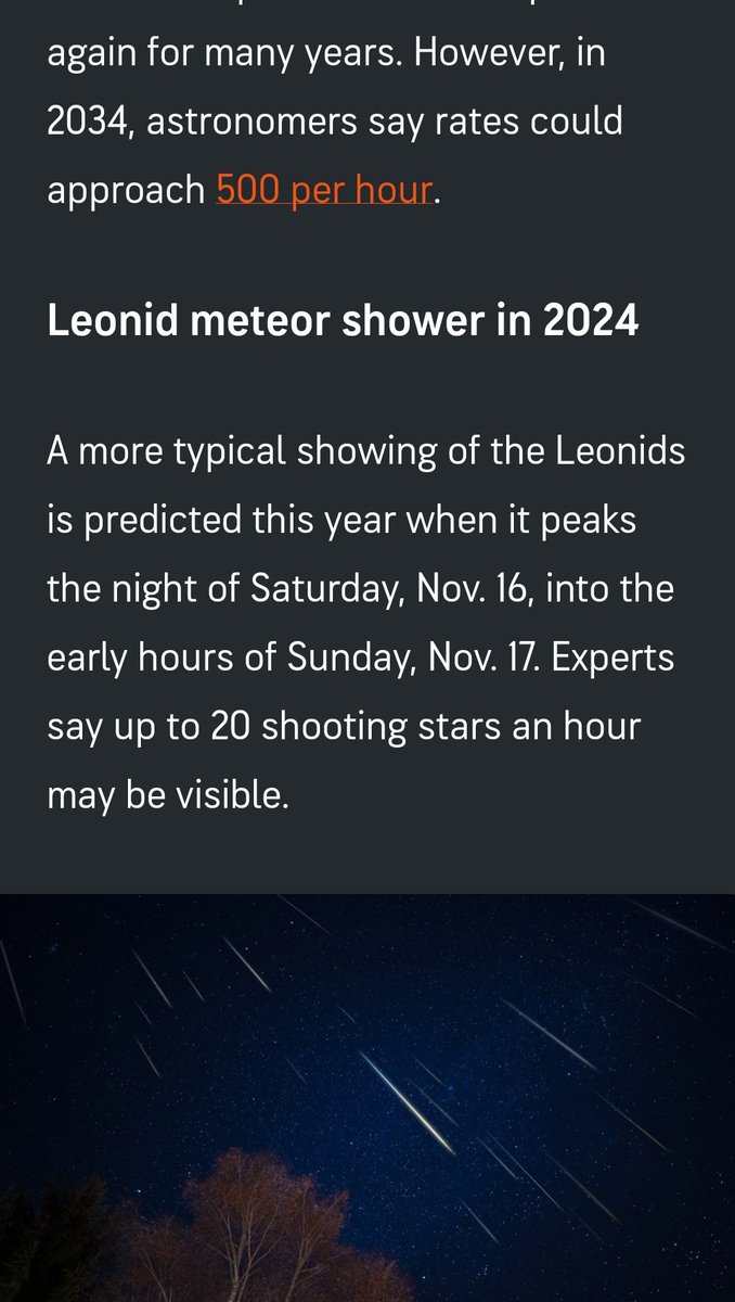 Based_Carolina's tweet image. SUNDAY, NOVEMBER 17! ✨️
20 SHOOTING STARS PER HOUR!! 💫🌟🌠
Leonid meteor shower Sunday night 💫✨️🌠🌟💫
#SundaySchool #WeekendAssignmentsDue @elonmusk @Starlink @SpaceForceDoD