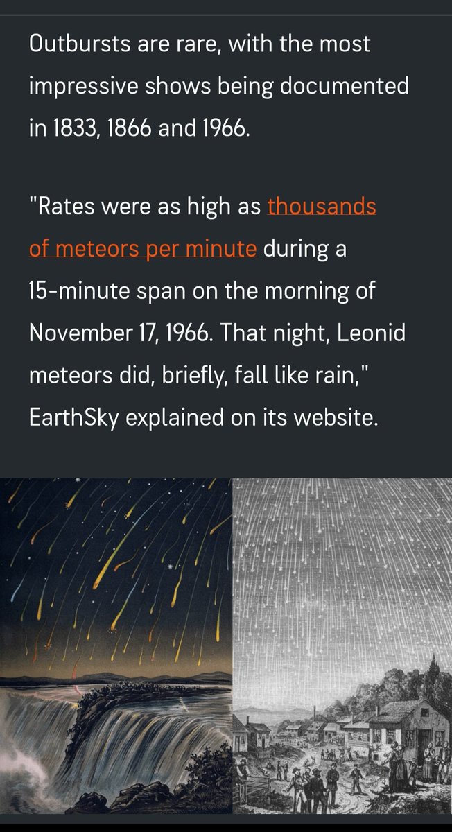 Based_Carolina's tweet image. SUNDAY, NOVEMBER 17! ✨️
20 SHOOTING STARS PER HOUR!! 💫🌟🌠
Leonid meteor shower Sunday night 💫✨️🌠🌟💫
#SundaySchool #WeekendAssignmentsDue @elonmusk @Starlink @SpaceForceDoD