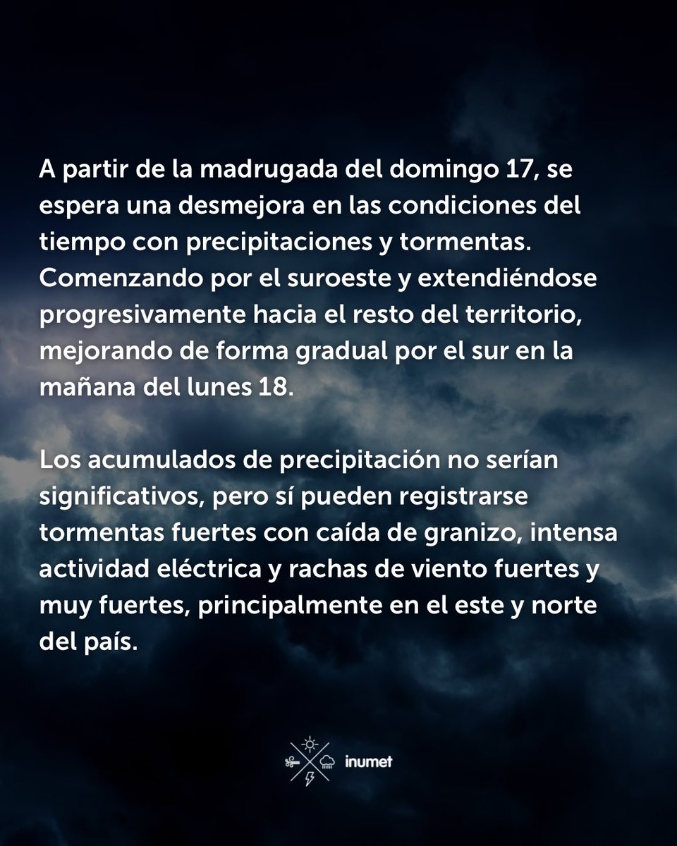 Inumet_'s tweet photo. #AvisoALaPoblación por tormentas fuertes y precipitaciones puntualmente abundantes a partir de
la madrugada del domingo 17

Más información: https://t.co/zY2u8OFmLu https://t.co/Dq84hmPssf