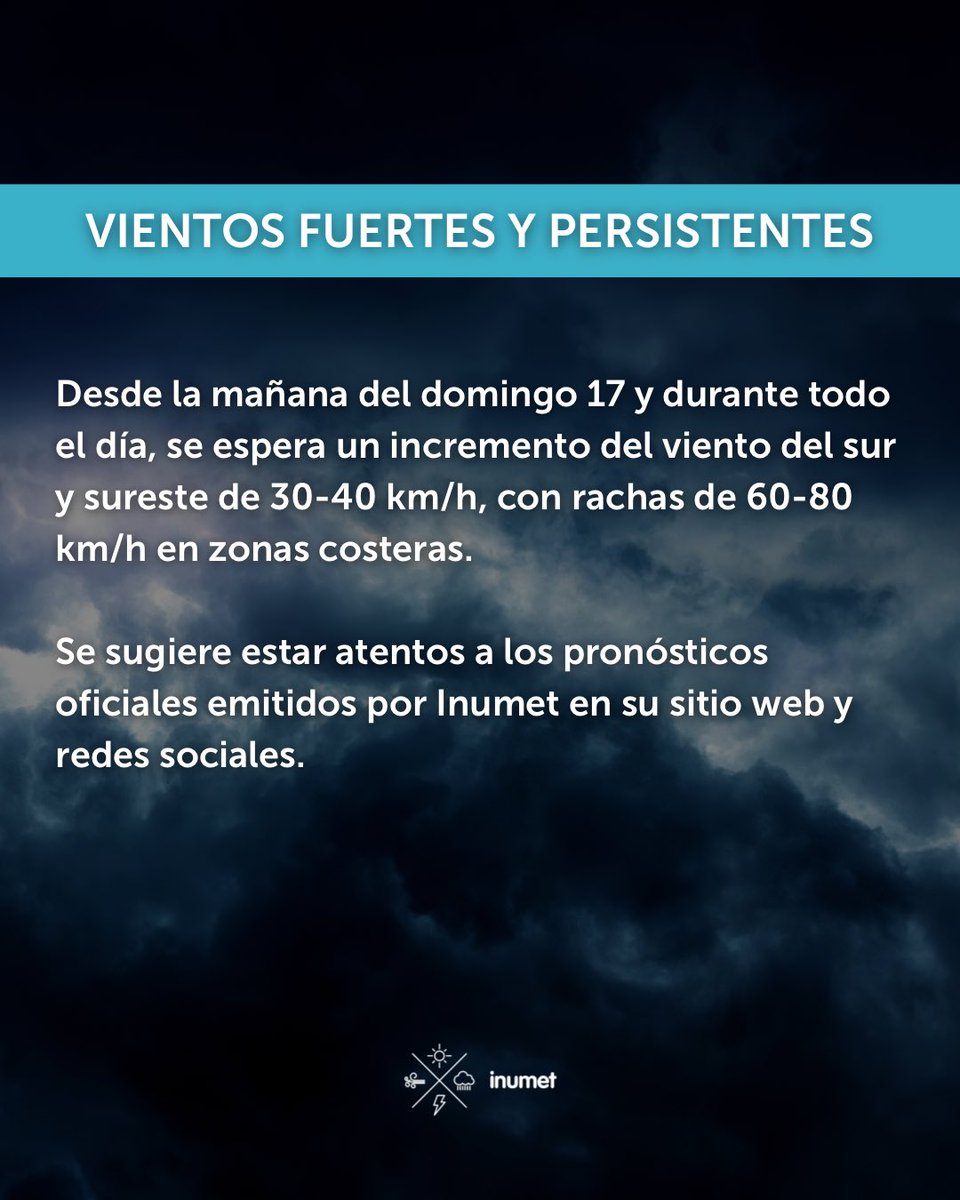 Inumet_'s tweet photo. #AvisoALaPoblación por tormentas fuertes y precipitaciones puntualmente abundantes a partir de
la madrugada del domingo 17

Más información: https://t.co/zY2u8OFmLu https://t.co/Dq84hmPssf