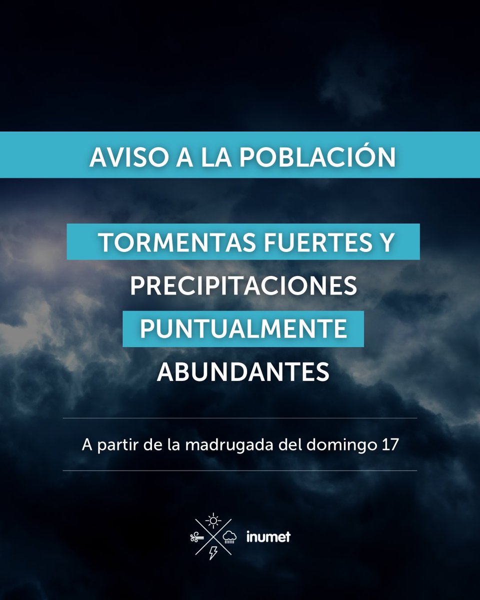 Inumet_'s tweet photo. #AvisoALaPoblación por tormentas fuertes y precipitaciones puntualmente abundantes a partir de
la madrugada del domingo 17

Más información: https://t.co/zY2u8OFmLu https://t.co/Dq84hmPssf
