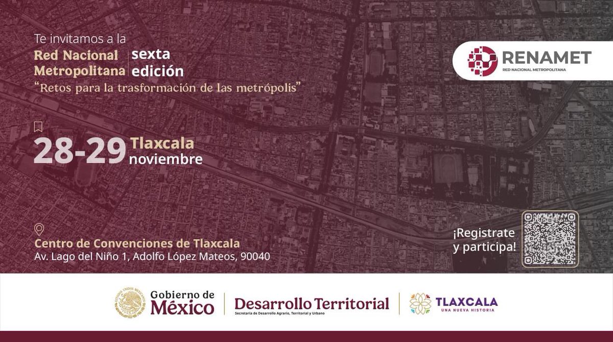 Te invitamos a participar en la 6ta edición de la Red Nacional Metropolitana #ReNaMet. La cita es en el Centro de Convenciones en la ciudad de #Tlaxcala, los días 28 y 29 de noviembre.

Regístrate aquí ⬇️
docs.google.com/forms/d/1ciRze…