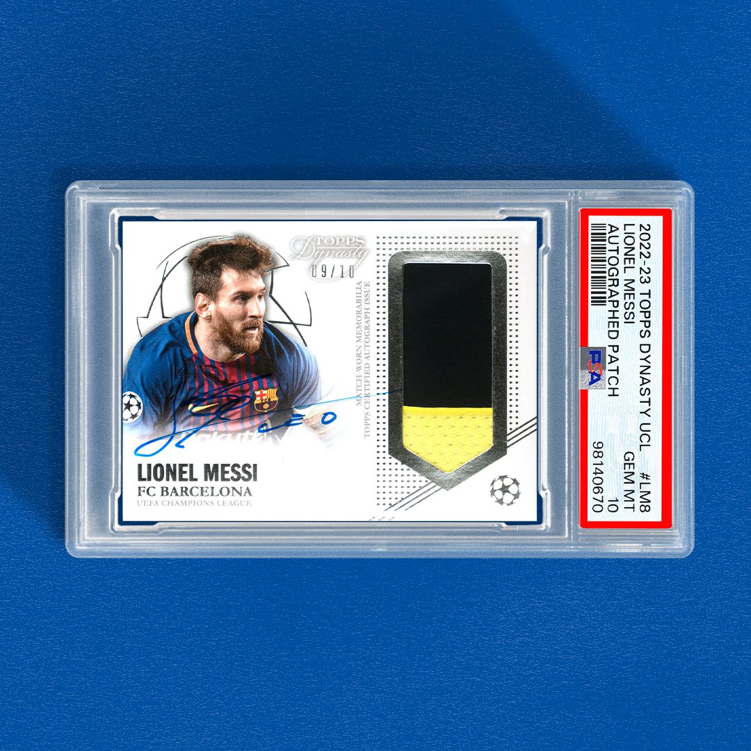 #OnThisDay in 2003, 16-year old Lionel Messi made  his official debut for FC Barcelona. A piece of the GOAT's match-worn Barca  gear pairs with an on-card auto on this