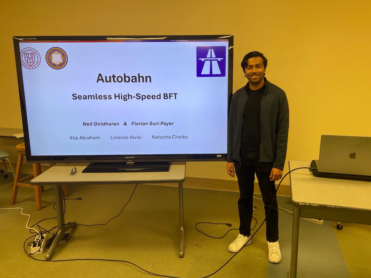 Tianyin Xu (@tianyin_xu) on Twitter photo Neil Giridharan from <a href="/Berkeley_EECS/">UC Berkeley EECS</a> presented Autobahn, a high-throughput BFT protocol that offers both low latency and seamless recovery (from events that interrupt progress) at @IllinoisCDS Systems Research Seminar.
The work is published at SOSP '24,
dl.acm.org/doi/10.1145/36… Neil Giridharan from <a href="/Berkeley_EECS/">UC Berkeley EECS</a> presented Autobahn, a high-throughput BFT protocol that offers both low latency and seamless recovery (from events that interrupt progress) at @IllinoisCDS Systems Research Seminar.
The work is published at SOSP '24,
dl.acm.org/doi/10.1145/36…