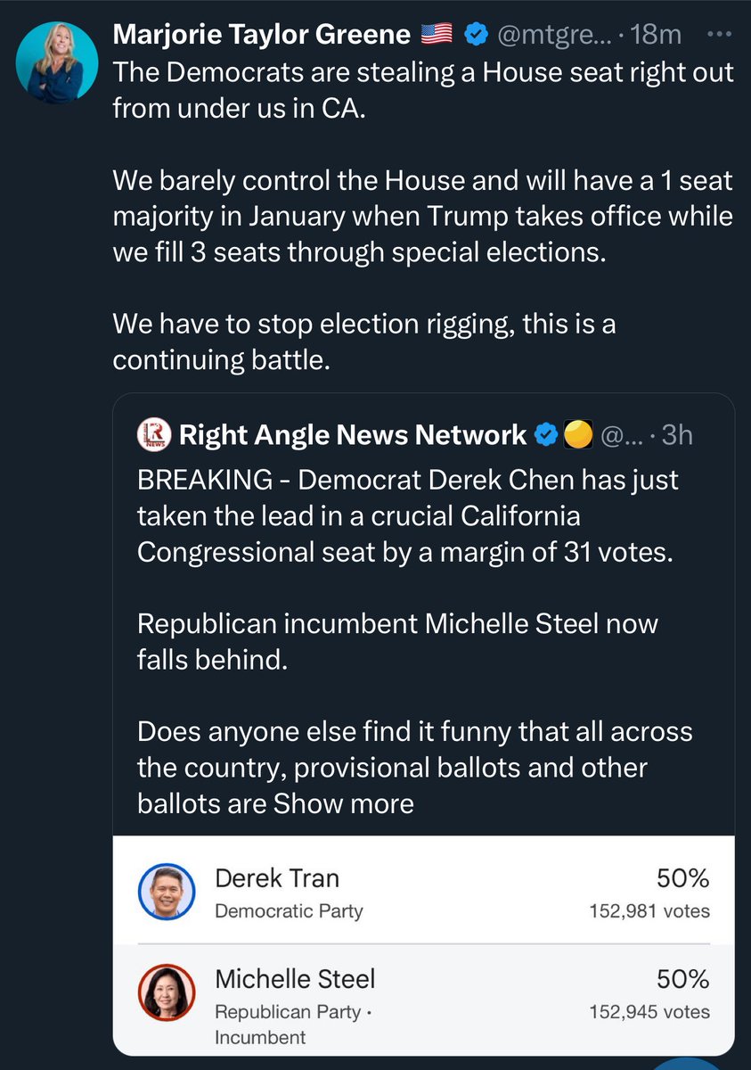 briantylercohen's tweet image. Ah yes, the Democrats have been capable of committing fraud all along, but we decided to *only* use it for one random House race, while allowing ourselves to lose the Senate, House, and White House. Airtight logic.