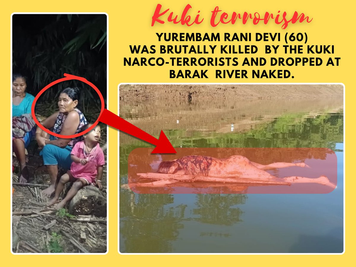 Atrocities of Armed Kuki (immigrant) community
#ManipurCrisis

Kuki Narco-Terrorist brutally killed 6 innocent women &amp; children in Jiribam, Manipur and dead bodies were found dumping in the river on 16th November.

Sign of #torture and #rape found in the bodies. <a href="/rashtrapatibhvn/">President of India</a>