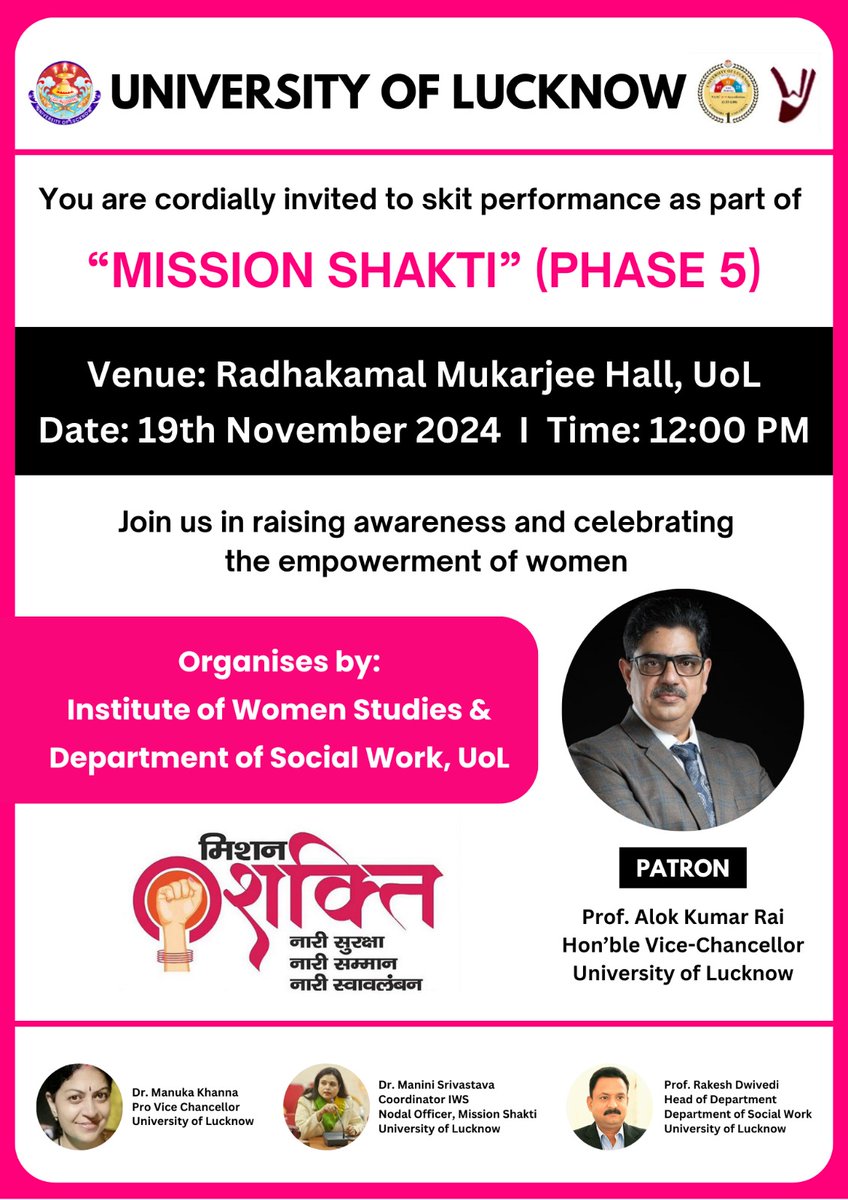 SocialWork_UoL's tweet photo. @SocialWork_UoL is Celebrating women empowerment through theatrical awareness. Join us for the skit performance at @lkouniv
@profalokkumar @RakeshdwivediDr @MISSIONSHAKTI5 #WomenEmpowerment #UoL #LucknowUniversity #SocialWork #MissionShakti_5 https://t.co/3goCor7u53