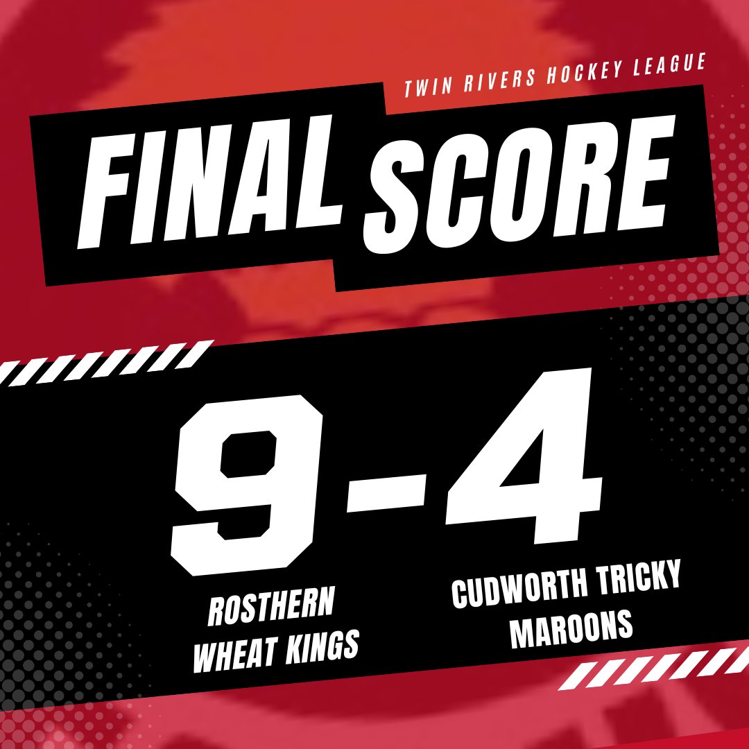 Rosthern Wheat Kings (@rosthernwheat) on Twitter photo We finish off our four-game roadtrip with a 3-0-1 record after beating the <a href="/TrickyMaroons/">Cudworth Tricky Maroons</a> 9-4.
Excited to return home next weekend as we wrap up our season series against the <a href="/HeimWarriors/">Waldheim Warriors</a>
Let's get ready to pack Rosthern Jubilee Sports Centre and support the team! We finish off our four-game roadtrip with a 3-0-1 record after beating the <a href="/TrickyMaroons/">Cudworth Tricky Maroons</a> 9-4.
Excited to return home next weekend as we wrap up our season series against the <a href="/HeimWarriors/">Waldheim Warriors</a>
Let's get ready to pack Rosthern Jubilee Sports Centre and support the team!
