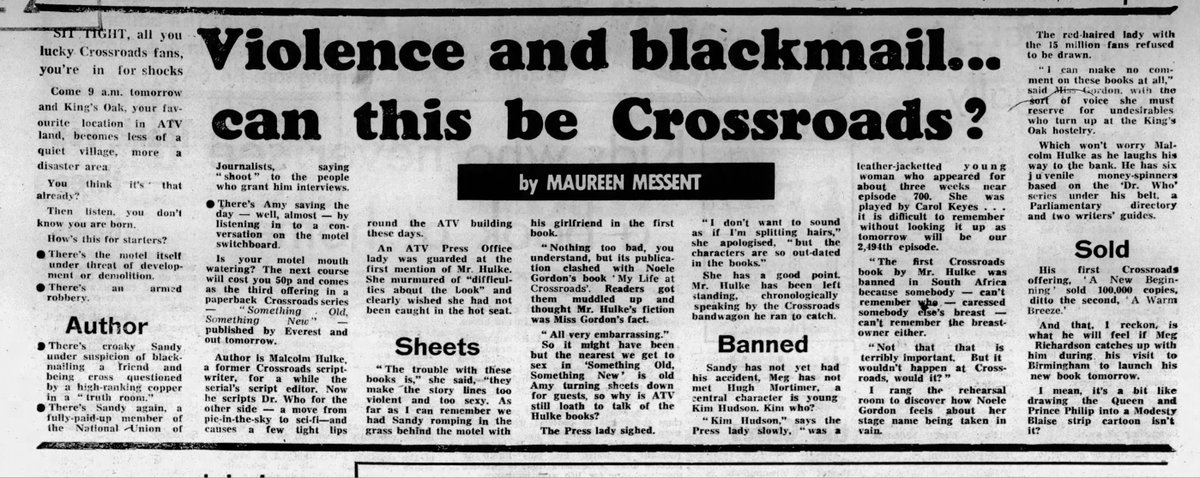Doctors_Beard's tweet image. March 10, 1976 - Birmingham Evening Mail - A look at Malcolm Hulke's more violent take on writing Crossroads novels.
#MalcolmHulke #Crossroads #vintagewriting #violentwriting #throwbackthursday #Britishnovels