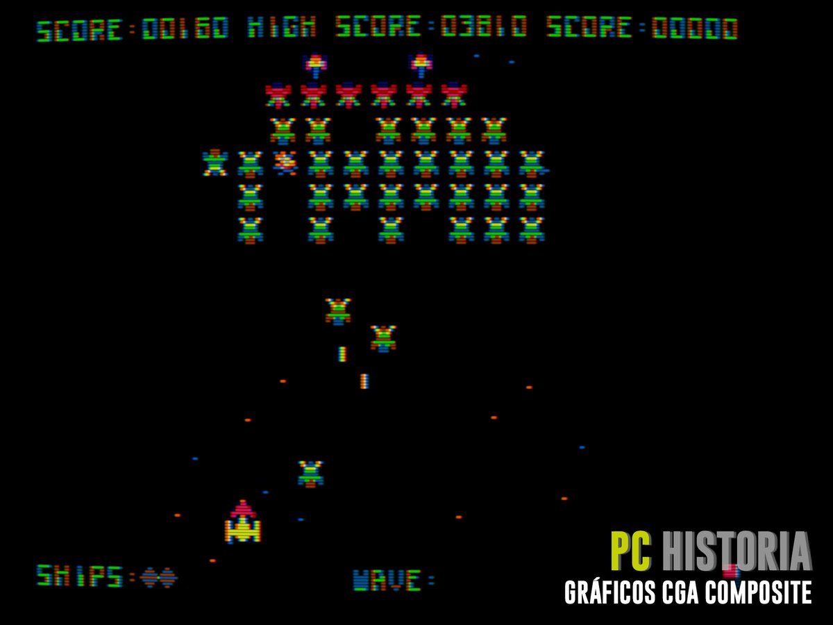 PC__Historia's tweet photo. #GALAXIAN (#Namco, 1979) es un clásico arcade que reformuló con éxito a #SpaceInvaders, contando con un excelente port para #IBM #PC gracias a #Atarisoft en #CGA y #CGAComposite. Una delicia para los usuarios de la primera era de los PC. 👾🕹️ https://t.co/azuE8guHSl