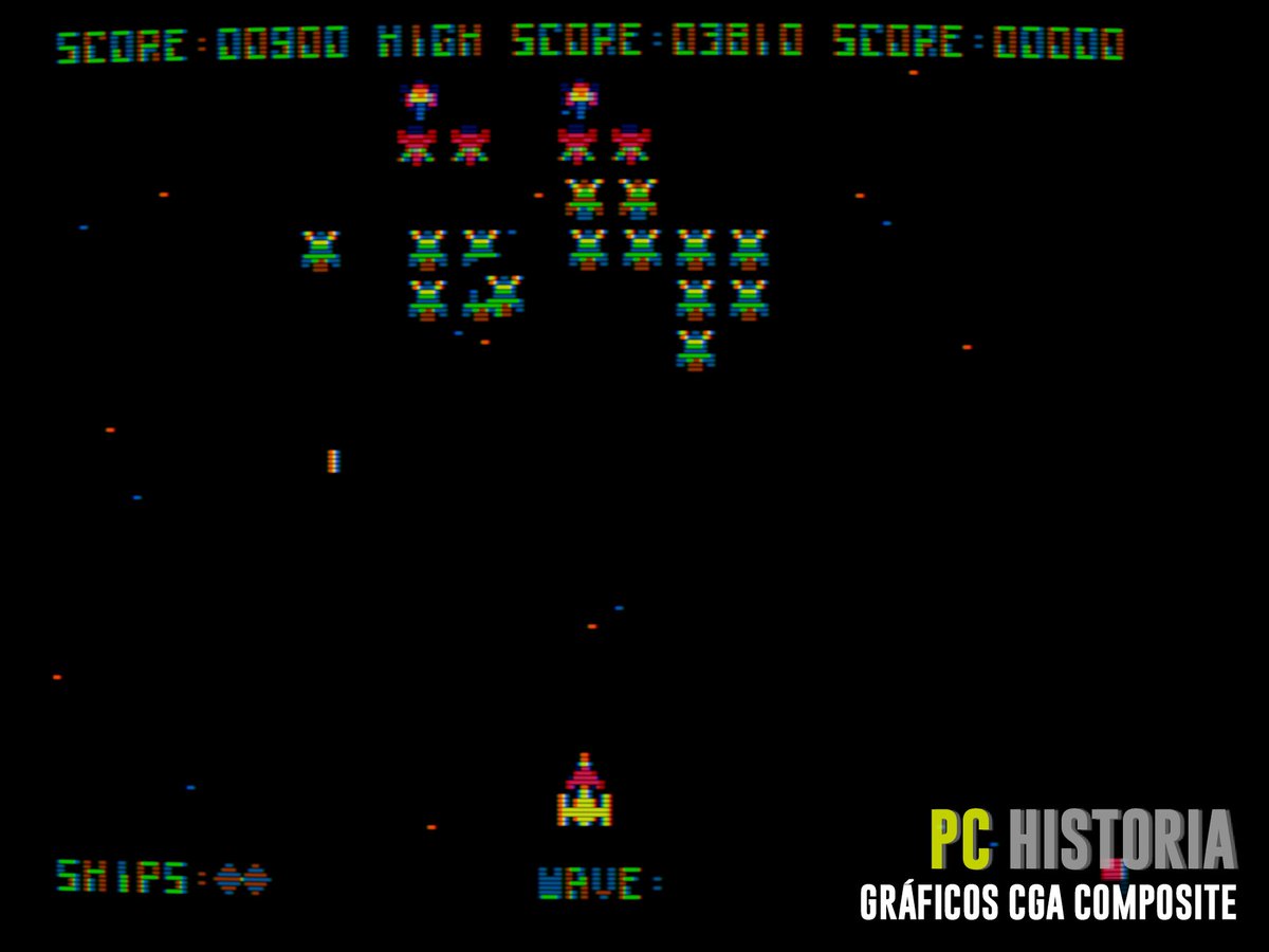 PC__Historia's tweet photo. #GALAXIAN (#Namco, 1979) es un clásico arcade que reformuló con éxito a #SpaceInvaders, contando con un excelente port para #IBM #PC gracias a #Atarisoft en #CGA y #CGAComposite. Una delicia para los usuarios de la primera era de los PC. 👾🕹️ https://t.co/azuE8guHSl