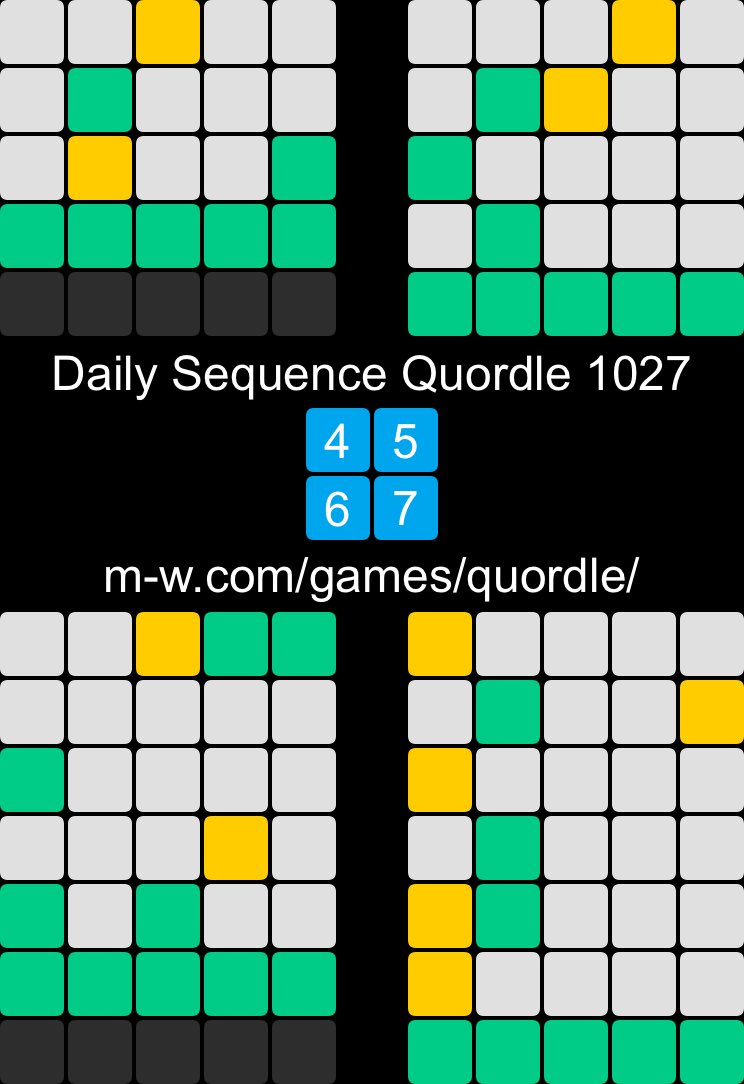 MAC5685's tweet photo. Daily Sequence Quordle 1027
4️⃣5️⃣
6️⃣7️⃣
https://t.co/cki99svTvp https://t.co/6z0Ny6vqS0