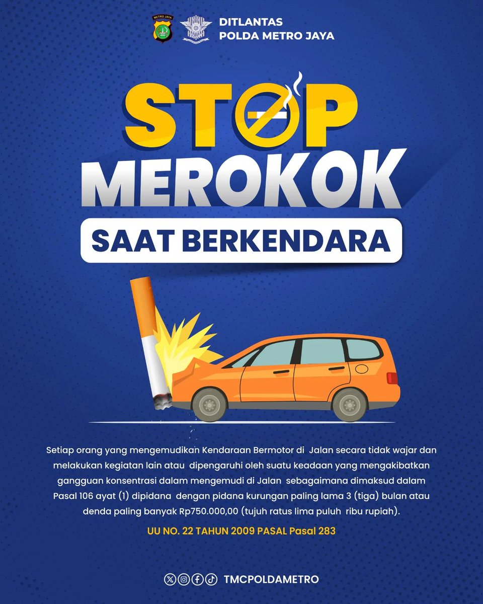 Ngerokok sambil berkendara? Jangan ya dek ya, bahayaaa 😣

Larangan ini dibuat karena merokok sambil berkendara emang banyak risikonya, Sobat!
1. Membahayakan diri sendiri
2. Menyebabkan kecelakaan karena kurang konsentrasi
3. Ngerusak kendaraan kalo bara rokok terjatuh dan