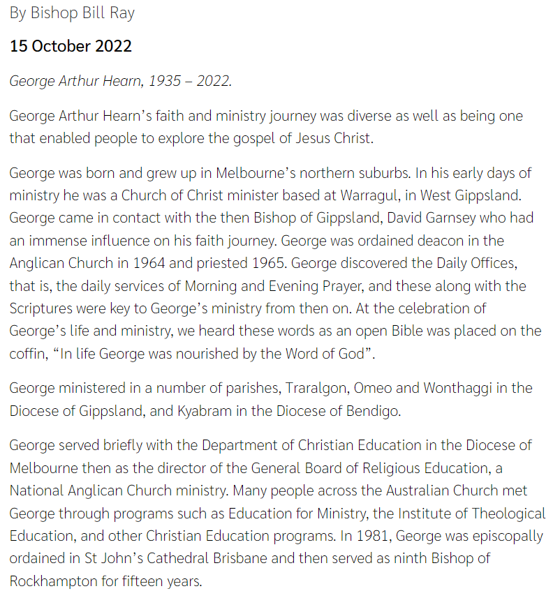AustAnglican's tweet image. 17 November 1935: birth (Melbourne VIC) of George Arthur Hearn, ninth Bishop of Rockhampton 1981-1996. He ordained the first women priests in  Queensland. #anglican #89years Obiit 8 September 2022. Full article: tma.melbourneanglican.org.au/2022/10/a-bles…