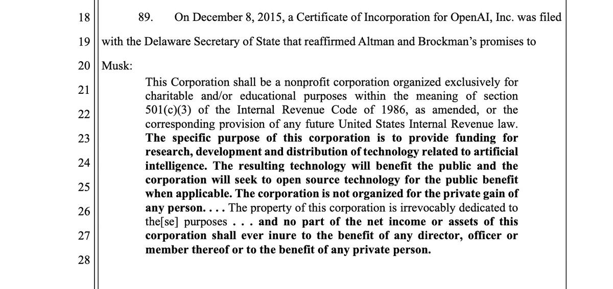 ajtourville's tweet image. “OpenAI is not organized for the private gain of any person – No part of the net income or assets of this corporation shall ever inure to the benefit of any director, officer or member thereof or to the benefit of any private person.”  🤨